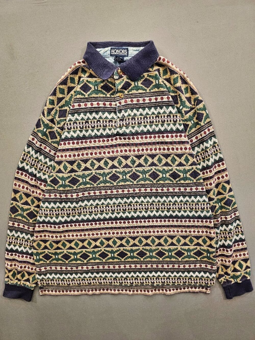VTG 90s Honors Geometric Knit Polo Long Sleeve Shirt Grandpa Indie Cozy Size L